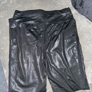 Black leather spandex leggings with fishnet trim